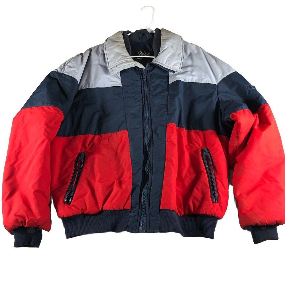 Vintage 80s ROFFE Men's Sz L Ski Jacket Navy Blue Red Winter Puffer Coat Thrashe